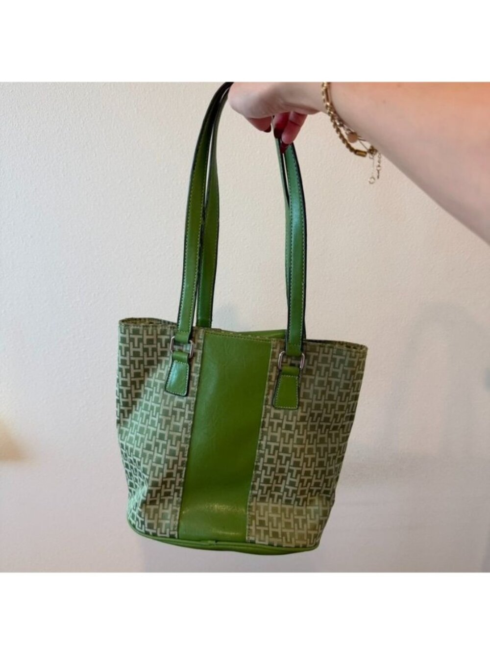 Vintage 90s Y2K Tommy Hilfiger Monogrammed Jacquard Leather Trim Green Tote Bag